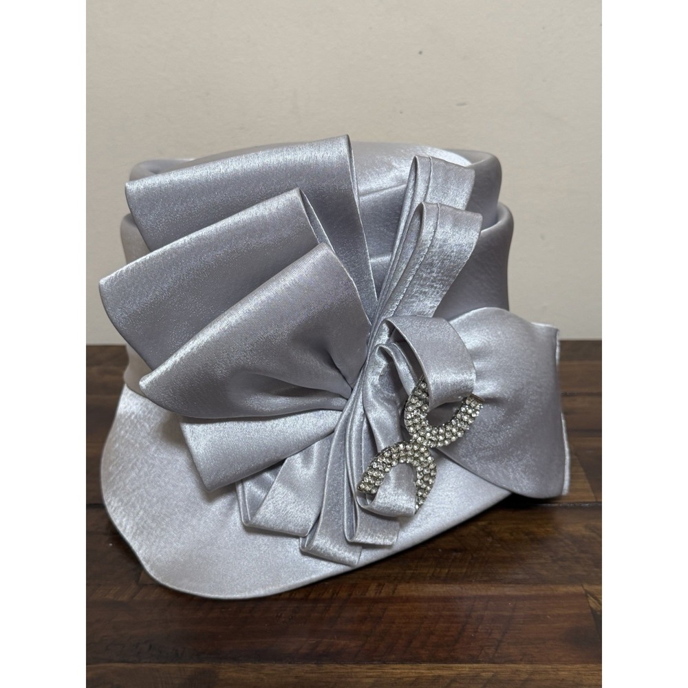 HI's Silver Gray Church Hat Rhinestone Bow Wedding Kentucky Derby Mother Bride - Picture 10 of 16